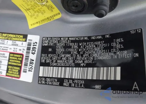 2013 Toyota Sienna Le V6 8 Passenger z USA, uszkodzony, nr VIN 5TDKK3DC8DS307315